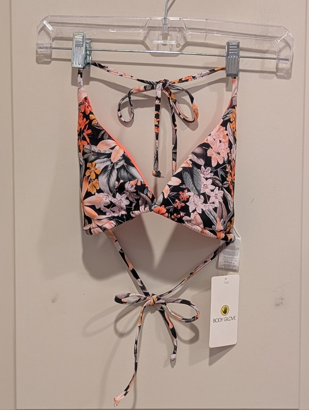 Body Glove Black & Peach Floral Tie-Back Bikini Top Size Large